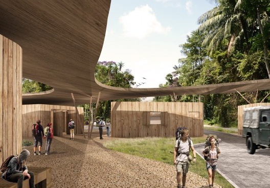 Parque Nacional de Itatiaia, maquete eletrônica do Posto 1(controle de acesso à parte baixa do parque / sistema e material construtivo em madeira laminada colada), Rio de Janeiro Brasil / Minas Gerais Brasil, 2017. Arquitetos Pedro Paes Lira, Manoela Mach