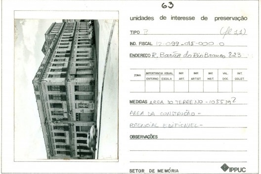 Ficha do 2° Inventário de 1982, realizada pelo Ippuc, relativa ao antigo Hotel Tassi