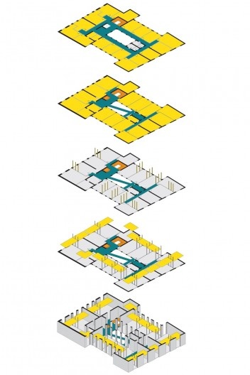 Reabilitação de edifício para habitação popular, isométrica da montagem dos mezaninos. Debora Portugheis, Gabriela Xavier, Gustavo Ramos e Mariana Souto, FAU USP