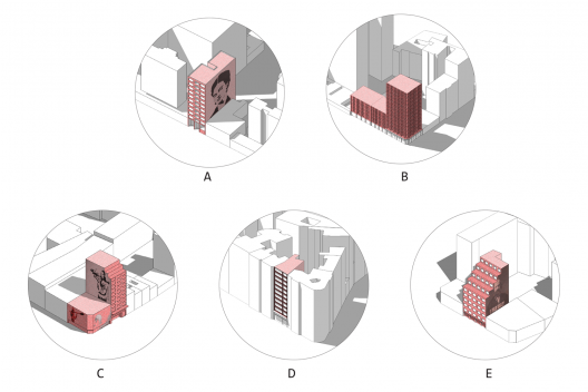 Projeto \"À margem\", volumetria dos edifícios propostos. Camila Ghendov, Mariana Simões da Costa e Vinicius Nakama, FAU Mackenzie