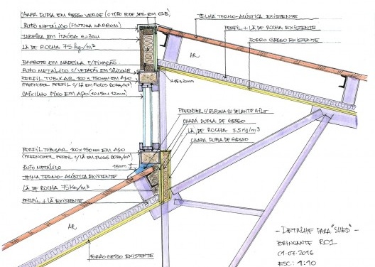 Instituto Brincante, croqui do detalhe técnico da cobertura, São Paulo SP, 2016, escritório Bernardes Arquitetura