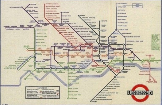 Mapa não geográfico das linhas do metrô, elaborado pelo designer Harry Beck em 1933
