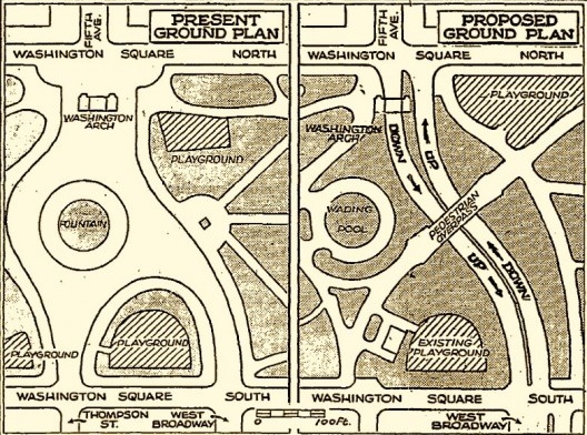 Plano de Robert Moses para construção de avenidas cruzando no meio de Washington Square Park nos anos 1950