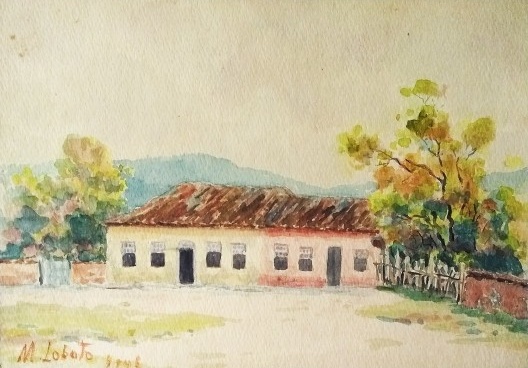 Paisagem rural, aquarela de Monteiro Lobato