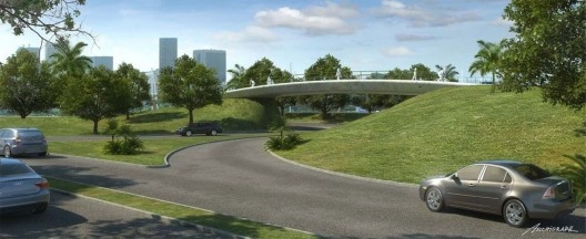 A passarela sobre o acesso viário se utiliza do repertório arquitetônico das demais passarelas do parque