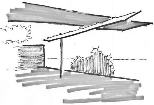 Grandes chapas de madera compensada que conforman el techo apoyadas en una viga de acero