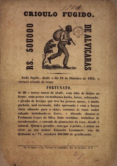 Cartaz que oferece recompensa pela captura de escravo fugitivo