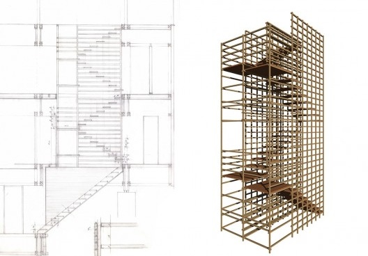 Residência Pio IX, desenho construtivo da escada e primeira concepção digital, São Paulo SP Brasil, 1999. Arquitetos Marcelo e Marta Aflalo