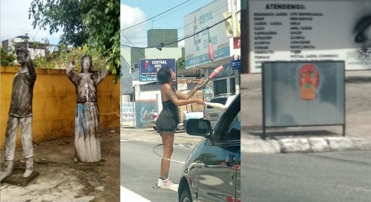 Intervenções vistas no Jardim Cidade Universitária. Respectivamente: grafite, grafite apagado, esculturas, performance e lambe-lambe