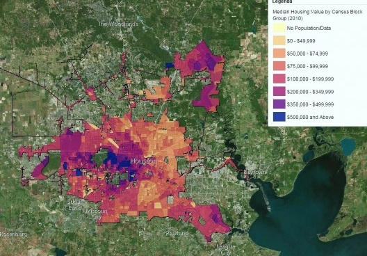 Mapa indicando o valor da terra na região metropolitana de Houston
