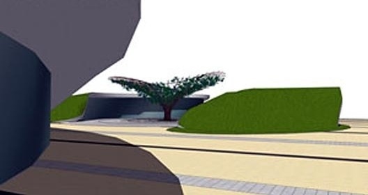 A Praça da Tumbérgia apresenta como elemento focal uma árvore de aço. Marco gerador de agradável espaço de permanência