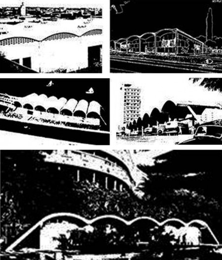 Armazéns Wallut, Auguste Perret, 1914; Casas Monol, Le Corbusier, 1919; Garagem de barcos na Lagoa Rodrigo de Freitas, Oscar Niemeyer, 1944; Rodoviária de Londrina, João Batista Vilanova Artigas e Carlos Cascaldi, 1949; e Vestiários da piscina no Pedregul