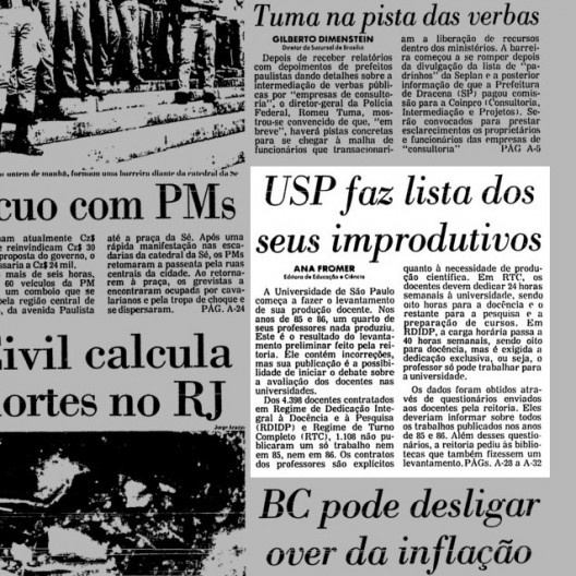 Detalhe da capa do jornal Folha de S.Paulo, de 21 de fevereiro de 1988, com chamada da matéria sobre os improdutivos da USP
