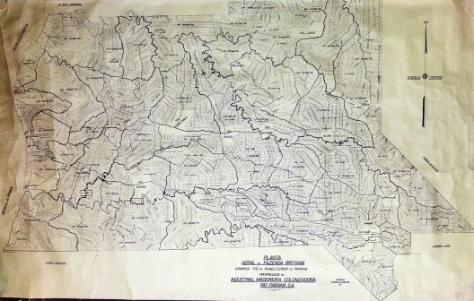 Mapa da Fazenda Britânia, 1950. A gleba de terras somava 274.752 mil hectares e foi subdividida em 50 perímetros sendo a área rural parcelada em lotes longos, garantindo um sistema de parcelamento de pequena propriedade conforme o Plano de Colonização