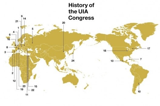 Mapa dos 24 congressos internacionais da União Internacional de Arquitetos durante sua história. O congresso de Cuba, em 1963, foi a sétima edição