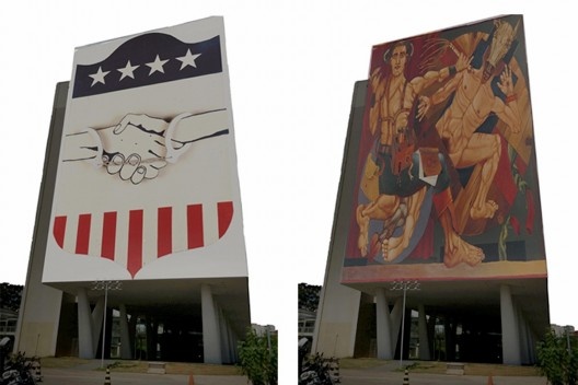 Montagem das projeções sobre da fachada do MAC USP, sede atual. Marcello Nitsche, Aliança para o progresso, 1965; João Câmara Filho, Uma confissão, 1971