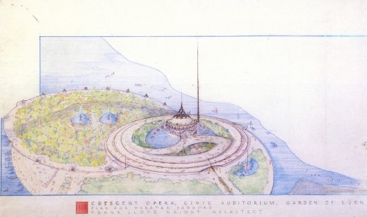 Perspectiva da Ópera de Bagdá e seu alto minarete que se eleva no artificial lago rodeado por jardins, e o redondo Jardim do Éden com as estátuas centralizadas de Adão e Eva e demais estátuas dispostas em seu tectônico passeio