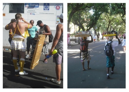 Fig. 4 – A chapa de poliestireno é tanto um mostrador portátil, como uma “bandeja” a carregar na cabeça – modalidade antiga, talvez uma técnica de corpo, embora, aqui, com a facilidade da leveza e estabilidade. Salvador, 2013.