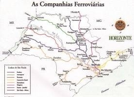 Mapa do Estado de São Paulo com estradas existentes na década de 1970, assinalado em vermelho o percurso da SPR, ligando o Porto de Santos à cidade de Jundiaí