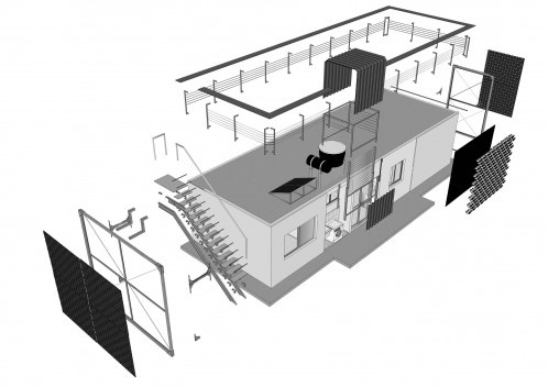 Perspectiva Explodida da Casa de Borracha de Pneu. Menção Honrosa - casas térreas- no Concurso Público Nacional de Arquitetura para Novas Tipologias de Habitação de Interesse Social Sustentáveis