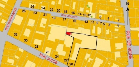 Quarteirão da rua Jacob, Paris: Lote assinalado de número 20. Endereço de Le Corbusier (entre 1917-1933 / apartamento da edificação principal) e de Natalie Barney (entre 1909-1960 / pavilhão do pátio interno). Templo da Amizade grifado em vermelho