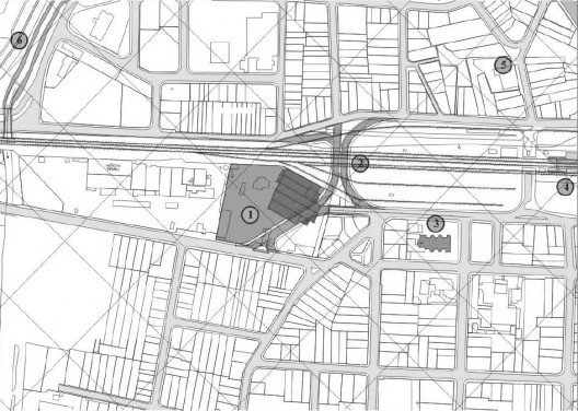 Intervenções em Ribeirão Pires, Localização da Área. 1. terreno do moinho; 2. sistema viário proposto; 3. requalificação da praça matriz; 4. Estação ferroviárial 5. requalificação do centro baixo; 6. requalificação da Avenida Brasil