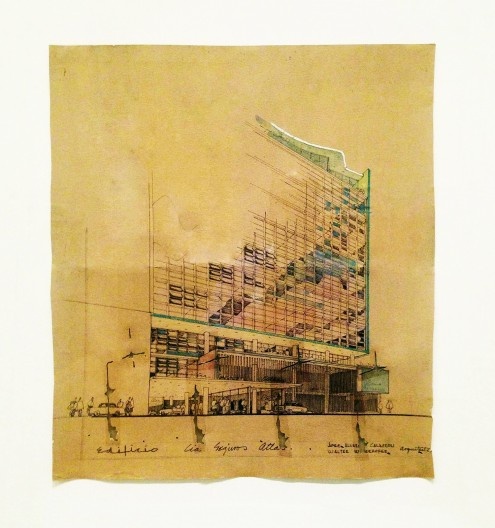 Sede da Companhia de Seguros Atlas em Lima, Peru, 1955. Aquarela de Walter Weberhofer Quintana e José Alvarez Calderón