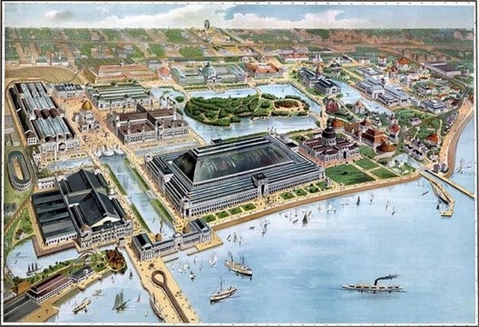 Vista aérea da área da Exposição, retratada em cartão postal da época