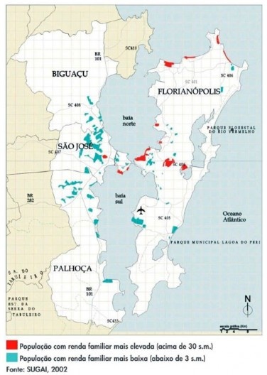 Distribuição espacial da população da Área Conurbada de Florianópolis por extremos de renda: concentração da pobreza na porção continental da cidade e concentração de riqueza na porção insular