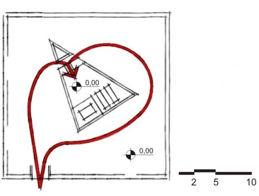 Percurso para chegar no interior da cripta na Capela Delgado-Chalbaud, de Le Corbusier