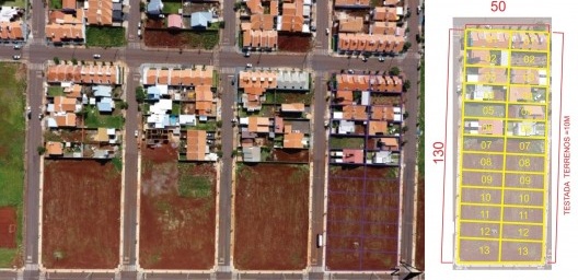 Layout de quadra recente de Toledo. Denota-se uma transformação no padrão do tecido urbano em relação a proposta inicial destes núcleos urbanos, porém ainda se trata de um modelo voltado à especulação imobiliária e à venda