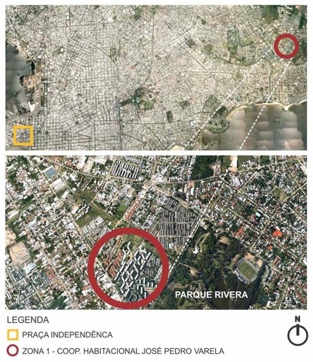 Localização da Zona 1 da Cooperativa Habitacional José Pedro Varela em Montevidéu, Uruguai, 1971. Instituto de Assistência Técnica Centro de Assistência Técnica e Social