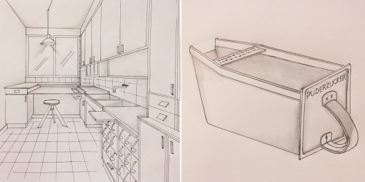 Croquis ilustrativos: vista da Cozinha de Frankfurt e porta mantimentos de metal, respectivamente