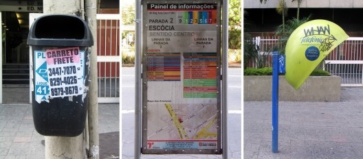 Oficina de desenho urbano MCB, interferências verticais: lixeira, sinalização de situação urbana e telefone público, São Paulo, 2011