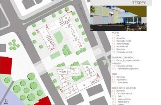 Planta baixa do pavimento térreo. Foto em destaque, a vista do cinema ao ar livre.