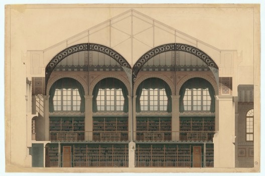 Biblioteca Sainte-Geneviève, corte transversal da sala de leitura. Henri Labrouste, c.1850