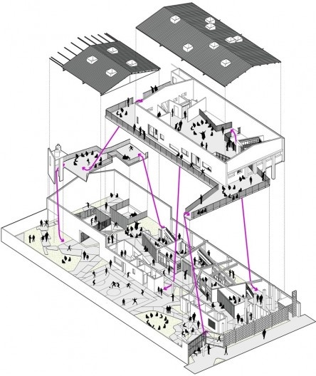 Wish School, perspectiva axonométrica, São Paulo SP Brasil, 2016. Arquitetos Alexandre Gervásio, Erico Botteselli, Lucas Thomé e Pedro de Bona / Grupo Garoa Arquitetos Associados