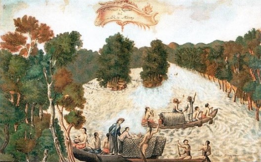 Primer raudal del rio Mesay. De pé, Cartagena supervisiona o desenho do seu ajudante