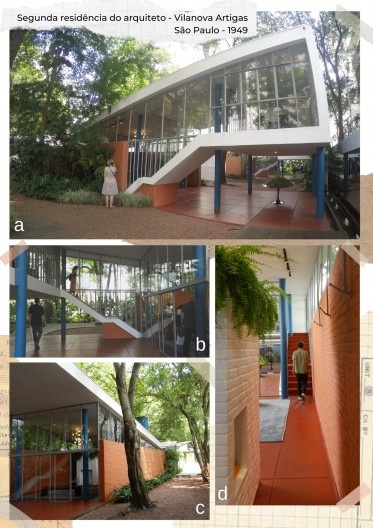 Segunda Casa de Vilanova Artigas: a) vista da fachada frontal; b) vista do Pilotis/varanda com a escada ao fundo; c) fachada posterior; d) vista do corredor e escada a partir do escritório