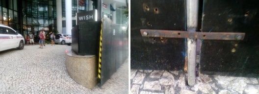 O Wish Hotel da Bahia, na Avenida Sete de Setembro, coloca os tapumes, reutilizando sempre os buracos na calçada que permanecem tampados entre os carnavais e não estragam a calçada de pedra portuguesa
