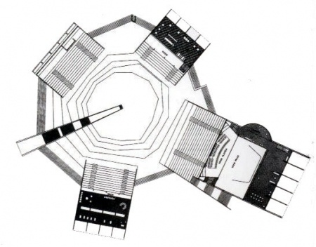 Centro de Convivência (1966/67). Com Alfredo Paesani, Teru Tamaki e Aldo Calvo. Planta do centro da praça com o teatro de arena e as instalações sob as arquibancadas