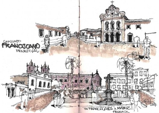 Imediações do Conjunto Franciscano, Penedo/AL. Vistas da fachada frontal da Igreja (acima) e relação da praça com a Igreja matriz (abaixo)