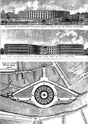 Fachadas e Planta, Projeto para o Hôtel-Dieu, Paris (por Poyet, 1785)