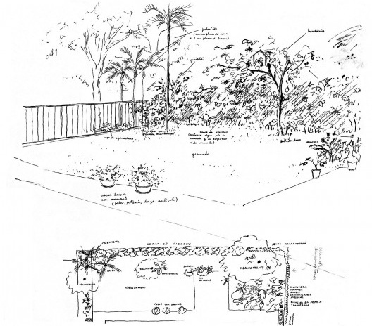 Residência Hélio Fraga, planta baixa e perspectiva do projeto de paisagismo do jardim Gávea, Rio de Janeiro RJ, 1951. Arquiteto Carlos Leão
