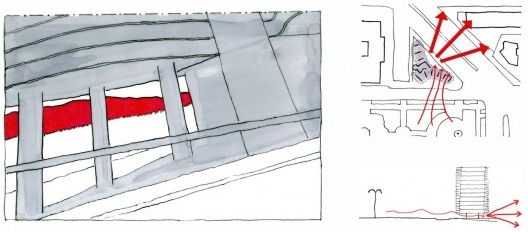 Croquis mostrando vistas através do edifício: sobre imagem fotográfica original, em planta e em corte