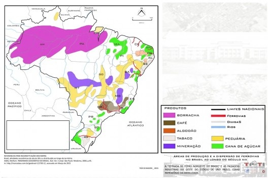 Áreas de produção e a dispersão de ferrovias no Brasil ao longo do século 19, companhias criadas para transporte de cana-de açúcar (nordeste do Brasil) e café (região sudeste)