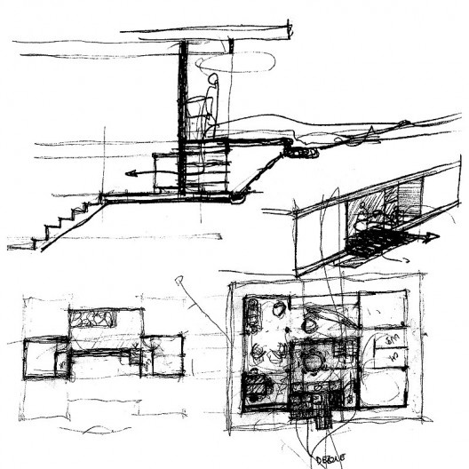 Casa 14 Bis, croquis de corte e plantas. Arquiteto Pôla Pazzanese