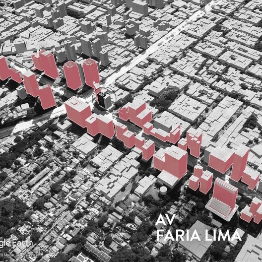 H.O.M.E. — Housing and Office Modular Environment, diagrama de situação urbana na avenida Faria Lima, São Paulo, 2020. Arquitetos Ricardo Gonçalves, Matheus Marques, Rolando Figueiredo e Luisa Favilla / Hiperstudio