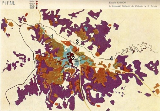 Mapa da explosão urbana em São Paulo (comparativo de 1881-1954) com intervenção da autora da tese: 1) ferrovia; 2) centro antigo; 3) área do Parque Anhembi; 4) Rio Tietê