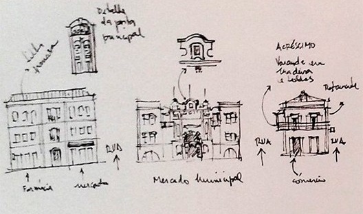 Mindelo, fachadas da Rua dos Libertadores de África, representadas em croqui realizado in loco